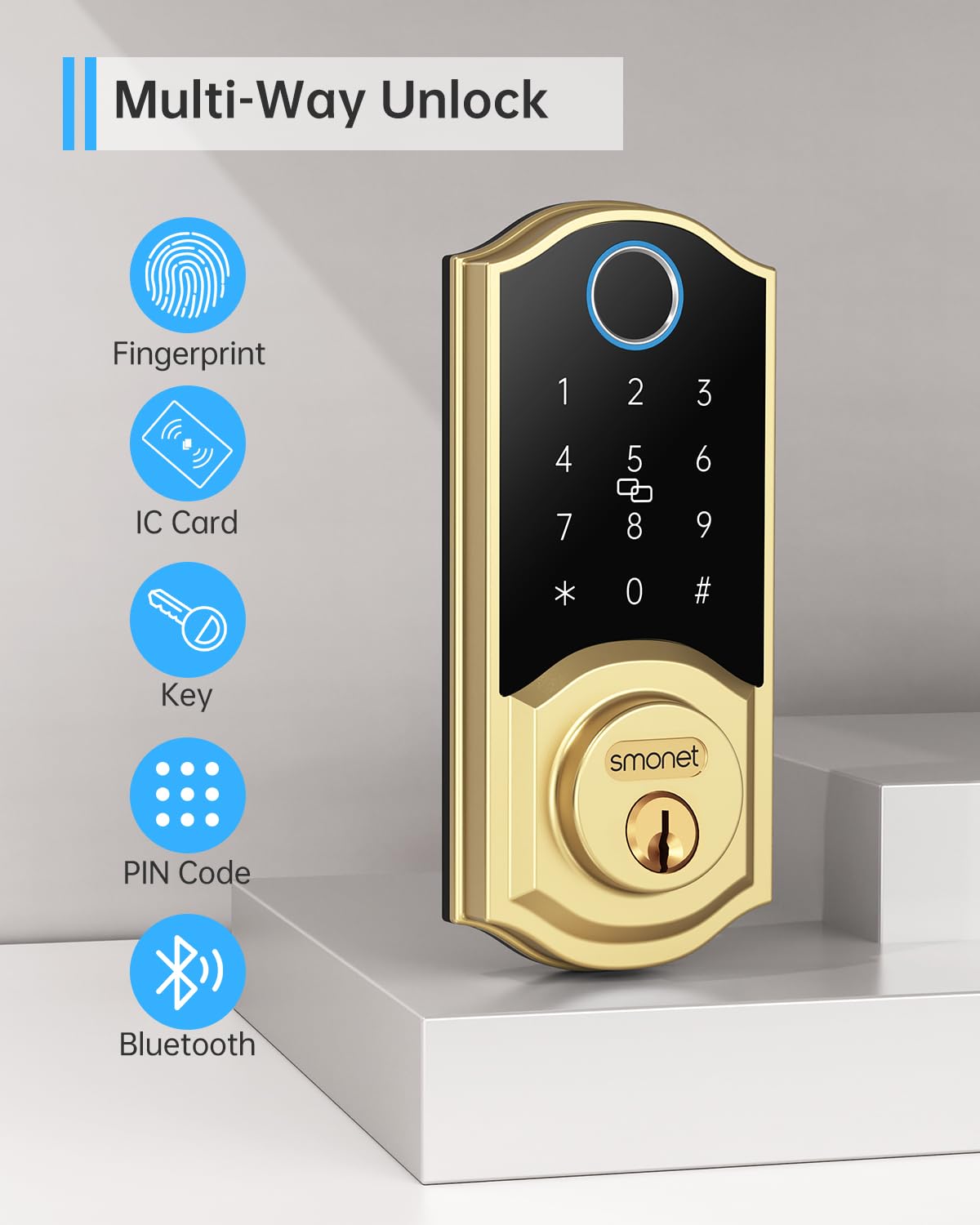SMONET Smart Lock Fingerprint Deadbolt,Keyless Entry Door Lock with App Control,7-1 Smart Deadbolt with Digital Bluetooth Keyless Entry Keypad Biometrics,Auto-Lock,Easy to Install,Gold