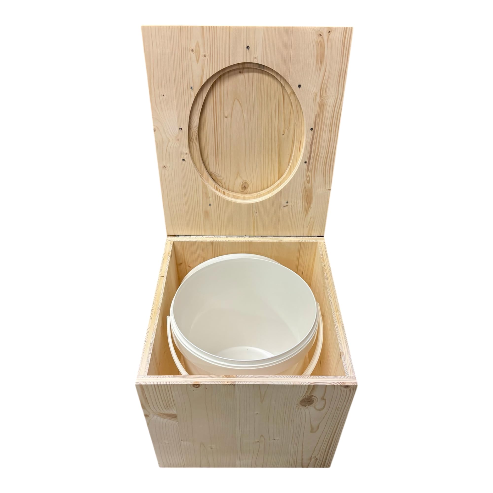 Toilette seche portable en Bois L'ESSENTIEL avec lunette abattant et seau plastique 20L - Fabrication Française Artisanale -
