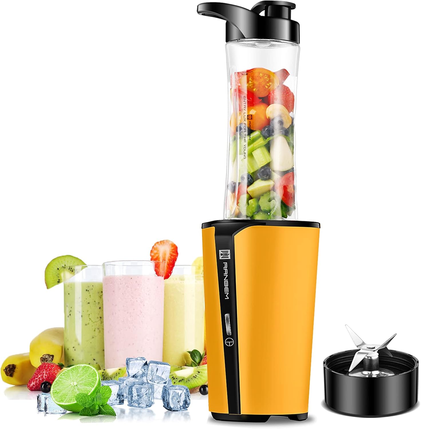 RANBEM Magic Bullet Blenders, Smoothie Bullder, 300 Watts Portable Blender for Shakes and Smoothies, Juice Mixer, Personal Blender for Kitchen with 20oz Bottle , 6oz Grinding Coffee/Spices Cup (Yellow) (RB-006)