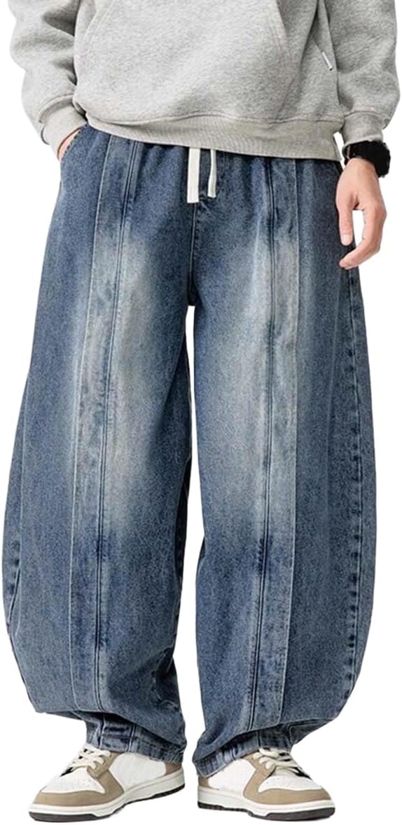 MLAFE Men's Y2K Skateboarding Baggy Jeans, Hip Hop Relaxed Fit Cuffed Wide Leg Washed Denim Pants with Drawstring Waist