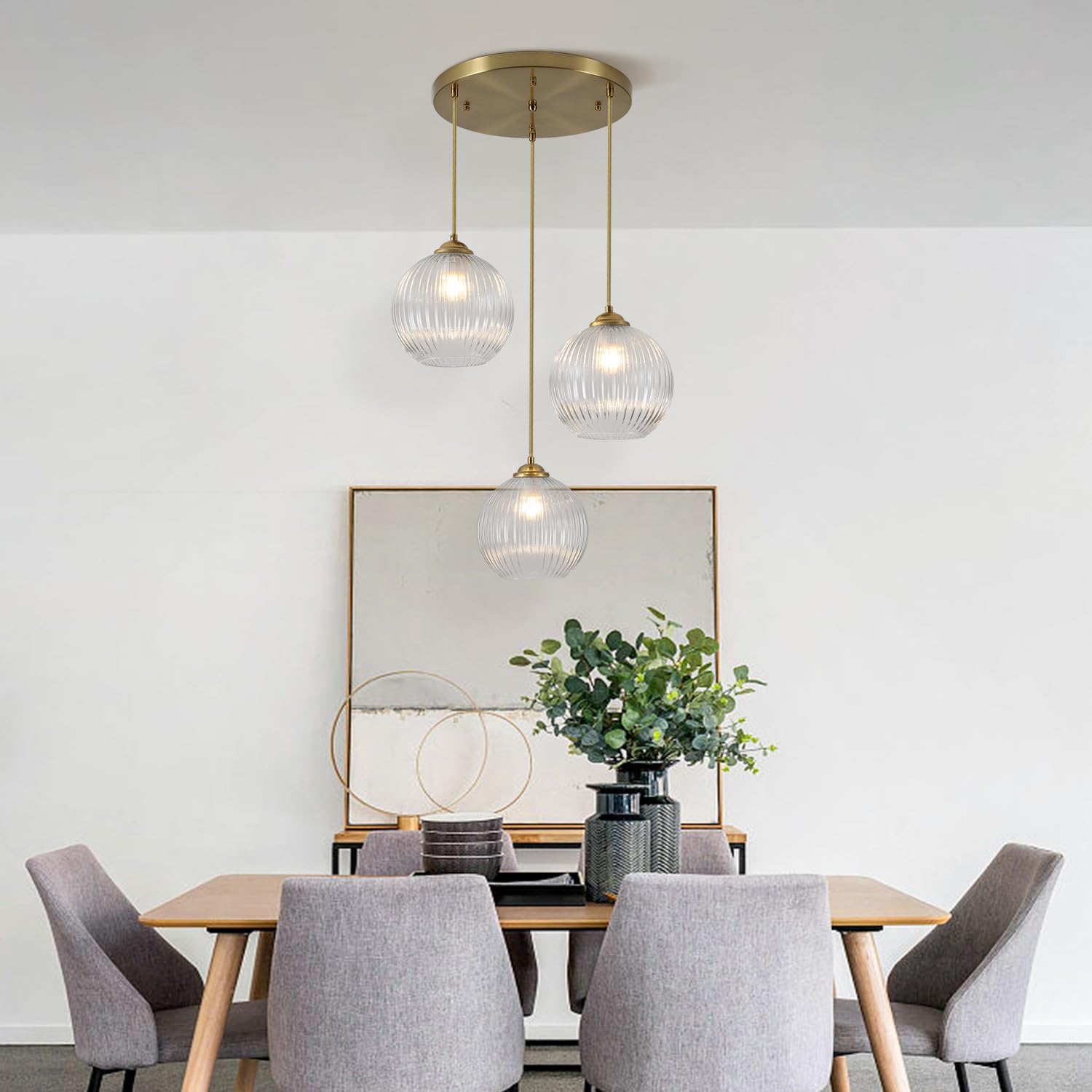 3-Light Pendant Light Fixtures Brushed Gold Kitchen Island Lighting Modern Clear Glass Cluster Pendant Lights Chandelier Adjustable Cord Antique Brass Hanging Light for Dining Room MPL30-3B