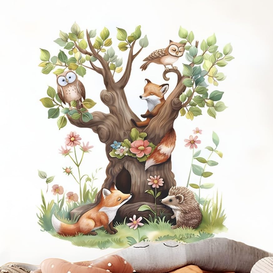 COVPAW WTD 241020 Sticker mural décoratif pour chambre d'enfant ou de bébé Motif maison d'arbre, forêt, animal, hibou, renard, hérisson, grand arbre