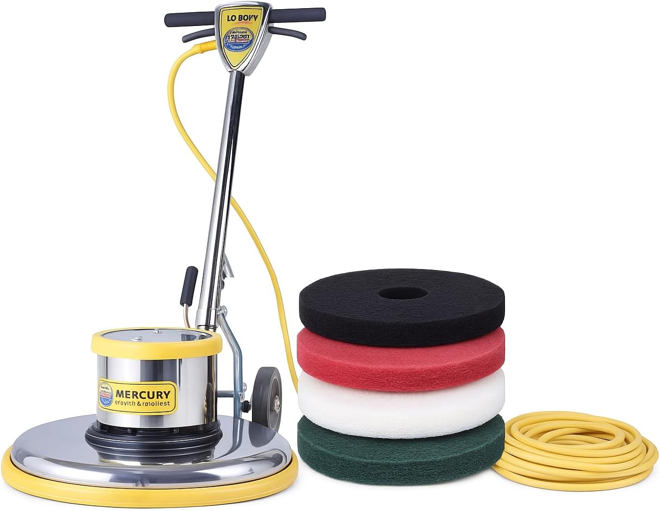 Mercury PRO21 PRO-175-21 Floor Machine bundle– 1.5 HP, 175 RPM, Chrome Floor Buffer with Starter set of (4) 20" Pads