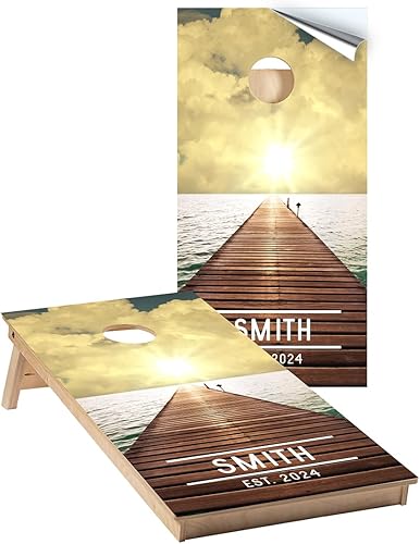 Boardwalk Cornhole Wrap #733  Calcomanías gráficas personalizadas de cornhole con nombre de la familia, incluye espátula de aplicación, juego de (2)