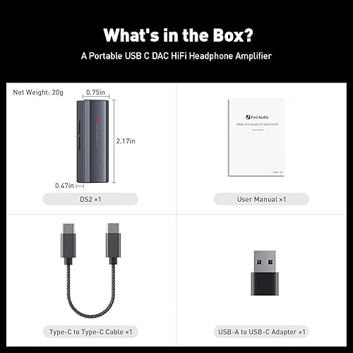 Miniatura 7 de Fosi Audio DS2 USB C a AUX Amplificador de auriculares DAC Dongle 0.138 in Jack Audio Amplificador portátil de doble salida DSD256 0.173 in
