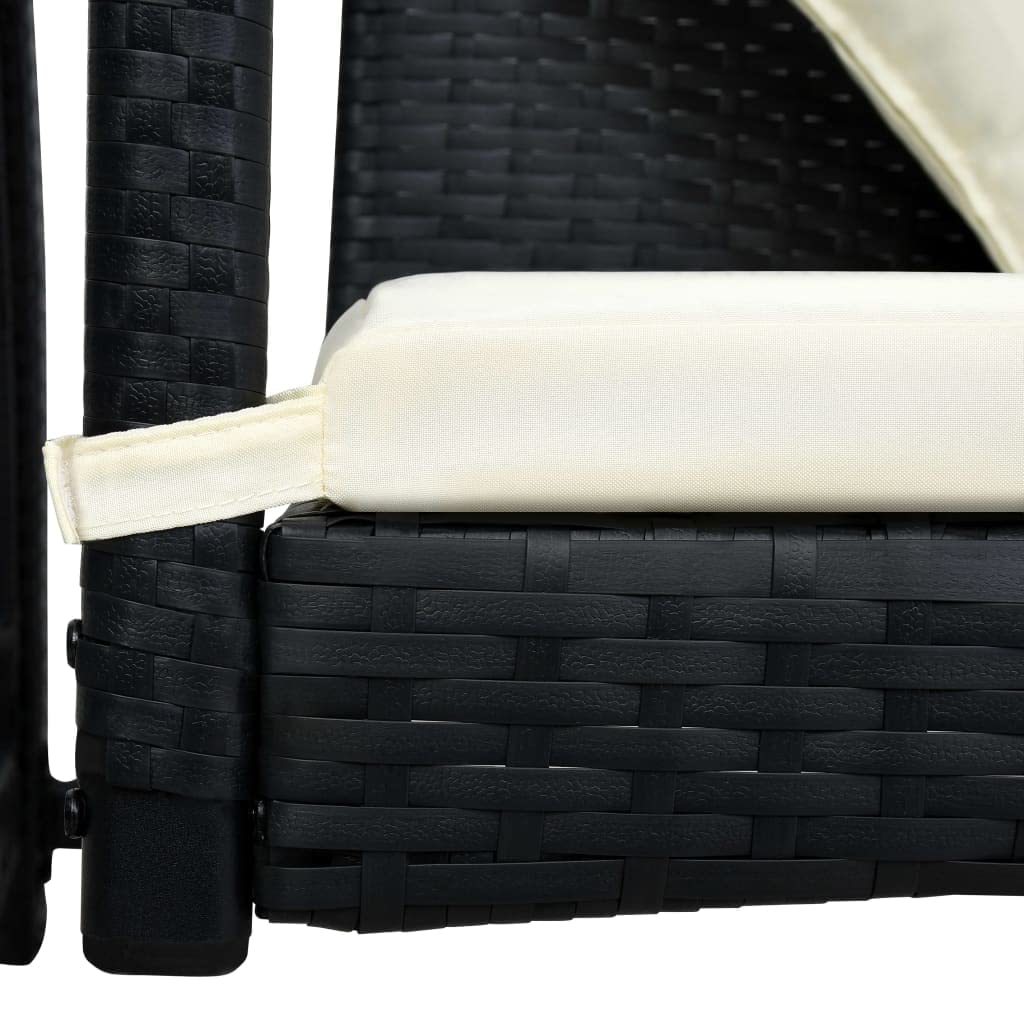 Hollywoodschaukel 3-Sitzer mit Dach Poly Rattan Schwarz wetterfest, Gartenschaukel mit Polster, Terrassenschaukel aus pulverbeschichtetem Stahl, Relaxen auf Veranda und Balkon