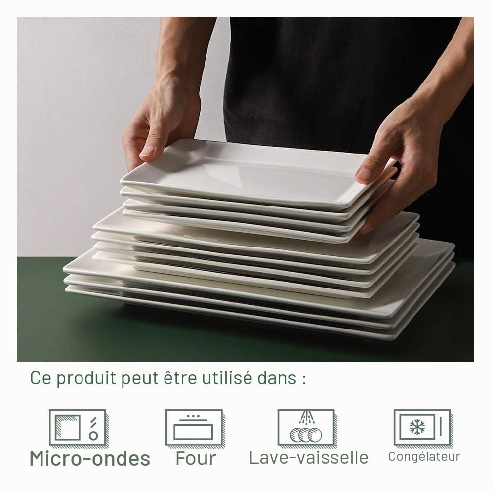 DOWAN Assiettes Longues, Assiette Porcelaine Rectangulaire Blanche, Service Vaisselle pour Viande, Apéritifs, Dessert, Nourriture, Fête, 30,5 X 15,2 cm, Assiette Rectangulaire Lot de 4
