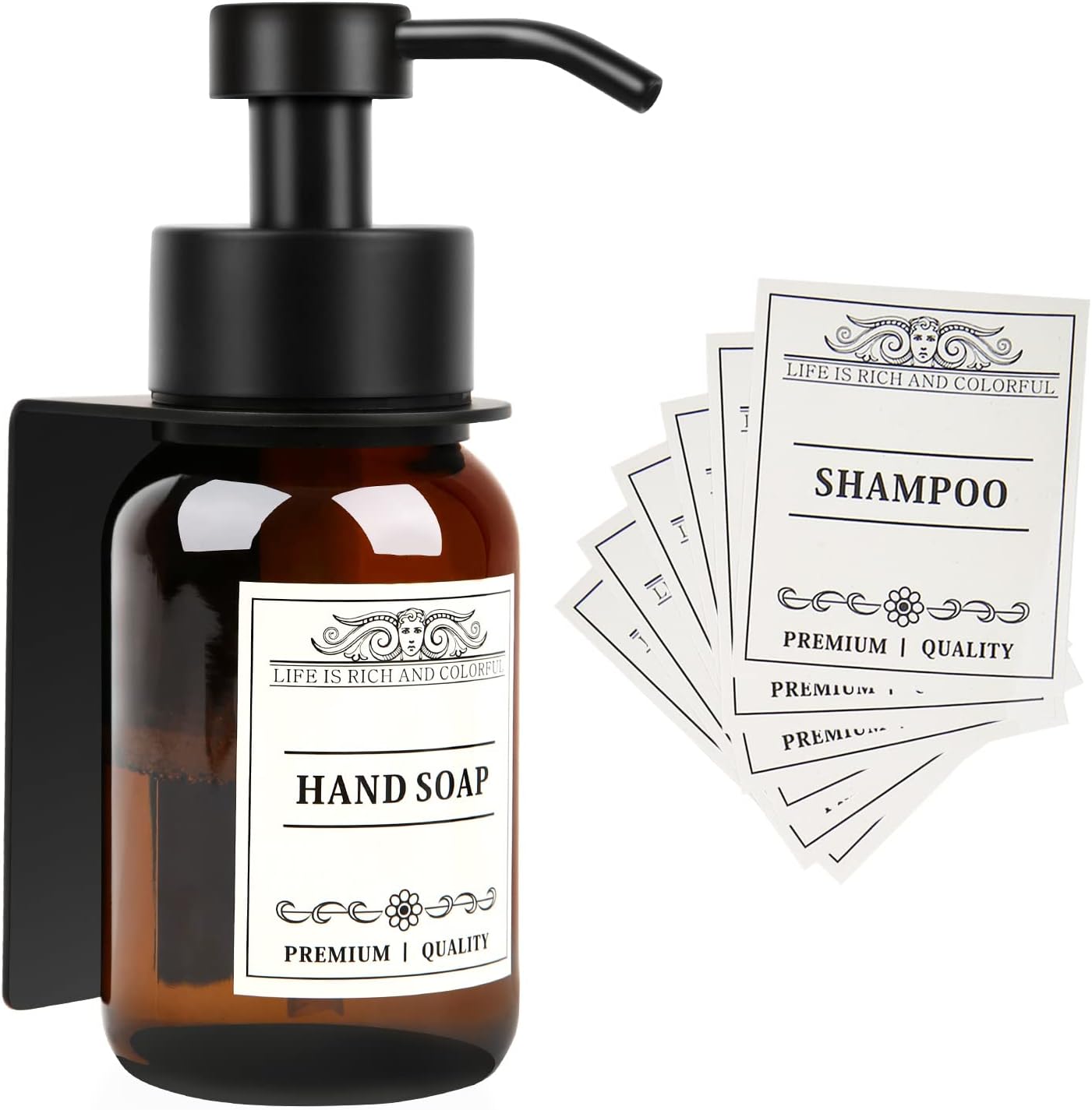 Glass Soap Dispenser with Pump and Wall Mount Holder,8.5 Oz Shampoo and Conditioner Dispenser with Waterproof Labels(Brown)