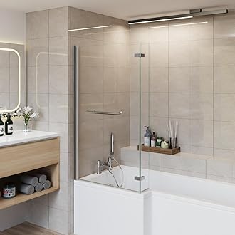 Aquariss 810x1400mm Square Bath Shower Screen 2 Folding Bifold 6mm Safety Glass Easy Clean Panel Frameless 180 Degree Pivot Screen Chrome with Towel Rail