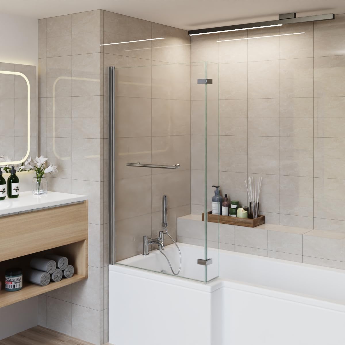 Aquariss 810x1400mm Square Bath Shower Screen 2 Folding Bifold 6mm Safety Glass Easy Clean Panel Frameless 180 Degree Pivot Screen Chrome with Towel Rail