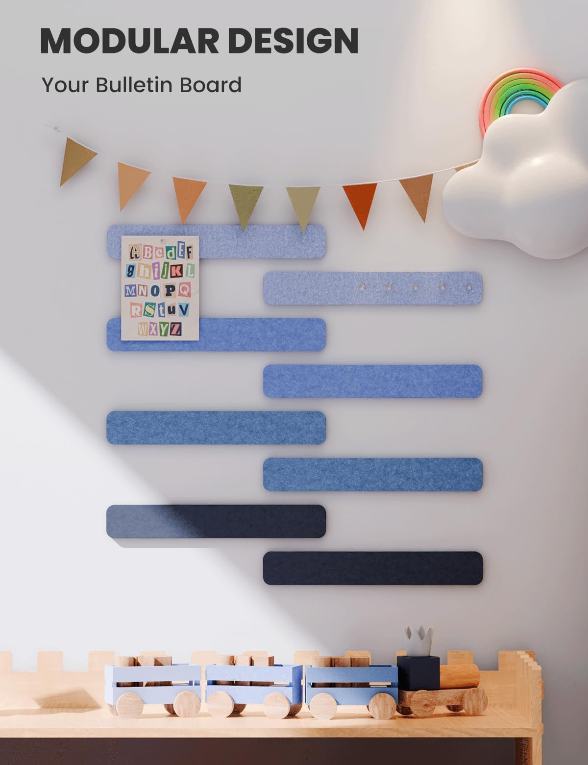 Pizarra de Felpa para Oficina 13x2 pulgadas, Juego de 8 Paneles de Felpa Adhesivos con 30 Chinchetas, Pizarra de Fotos/Memo/Anuncios para Escuela, Casa, Cocina - Denim Mist