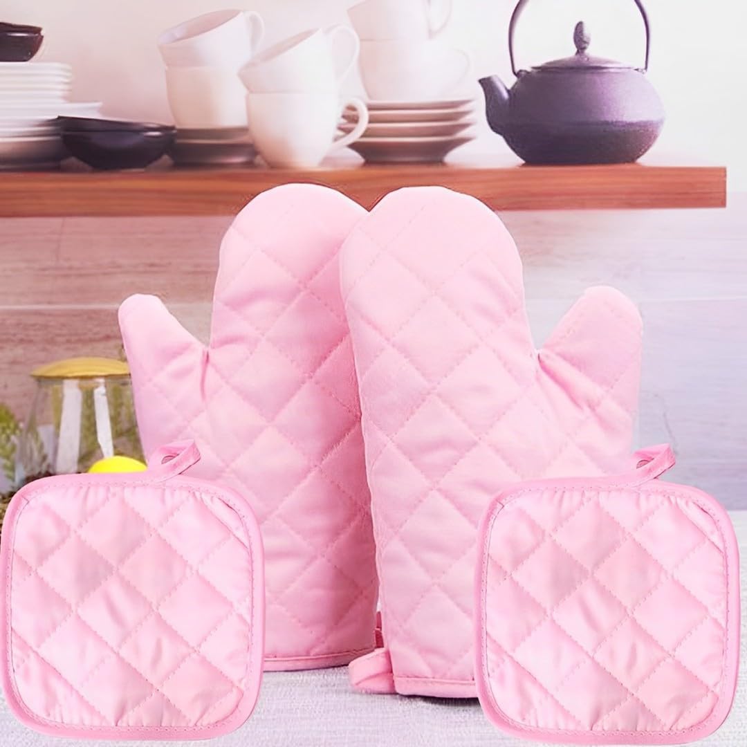Dwuent Pink Oven Gloves,Oven Mitts, 1 Pair Oven Mitts Bbq Gloves Heat Resistant: Heat Resistant Mitts Set Of 4 (2 Gloves + 2 Pads), Kitchen Accessories For Baking & Cooking