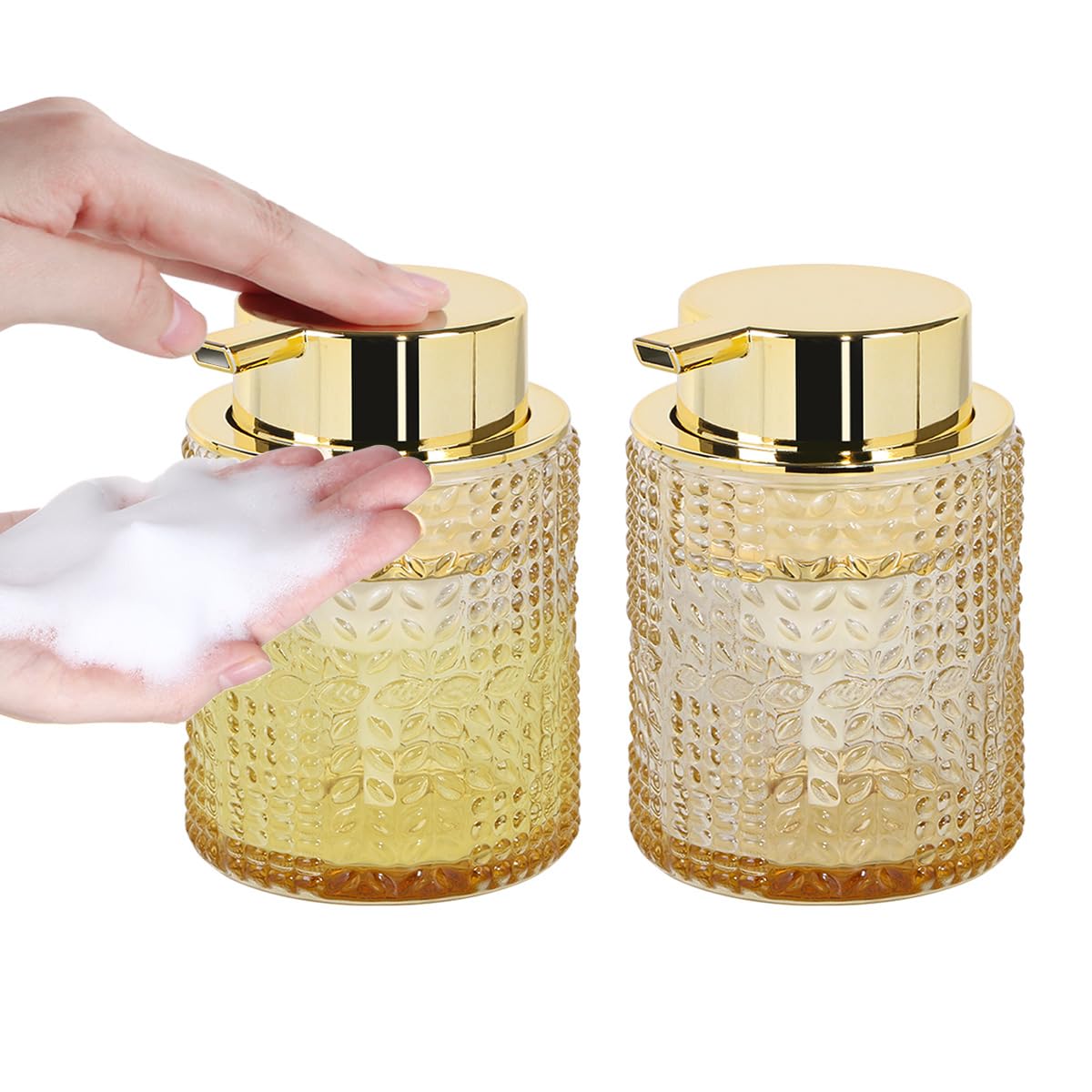 Schaumseifenspender aus bernsteinfarbenem Glas, 2 Stück, nachfüllbarer Schaumseifenspender mit goldfarbener Pumpe, Glas-Lotion-Behälterflasche für Küche und Badezimmer, breite Öffnung und