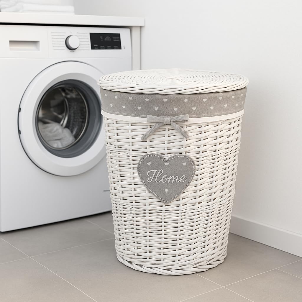 CESTA OVALE IN VIMINI BIANCA DECORO CUORE PORTABIANCHERIA 49*36*55 CM