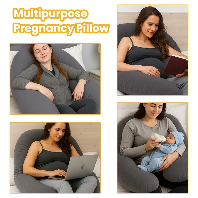 Image of Pregnancy Pillow for Women | Maternity Pillow for Pregnant Women & Newborn Feeding | Full Body Support for Back, Hips, Legs & Belly | Ergonomic Design | Polycotton Cover | Dark Grey