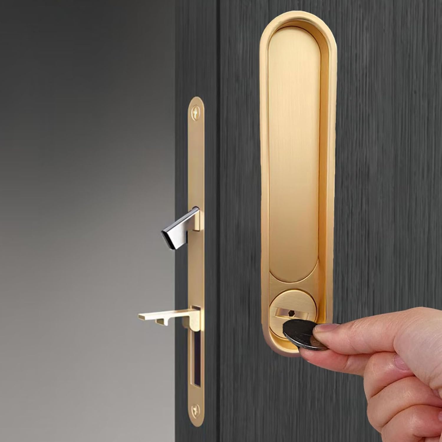 Gold Pocket Door Lock and Pull Handle - 2-in-1 Privacy Lock for Bedroom, Bathroom, Office | No Keyhole, Hidden Screws, Fits 1-3/8 to 1-3/4 Inch Solid Wood Doors