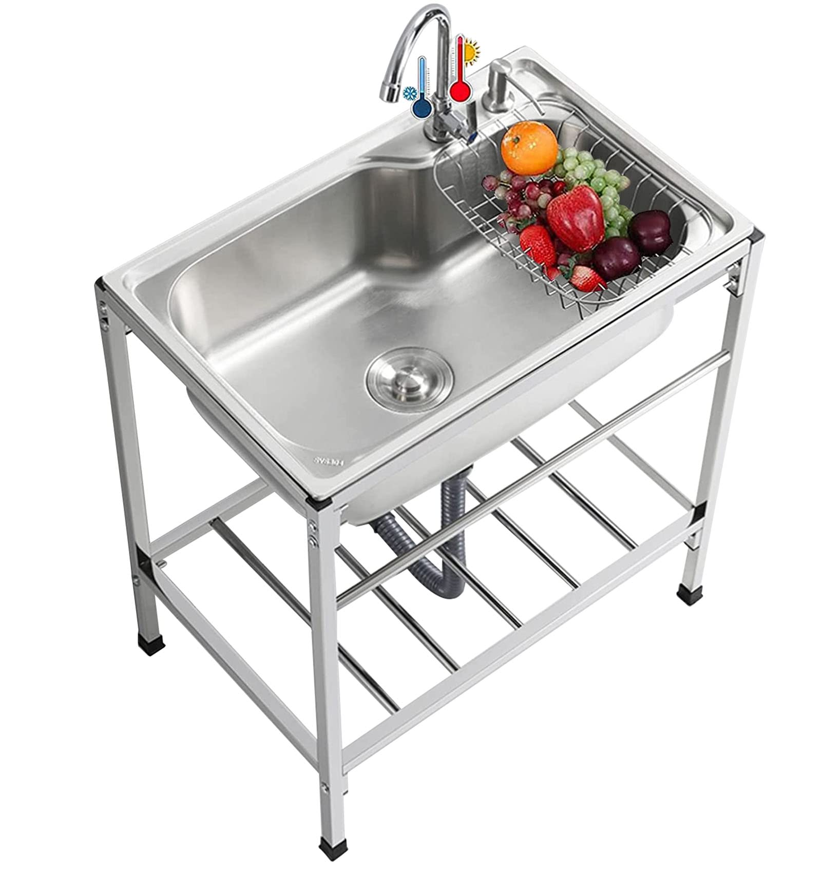 Edelstahl-Spülbecken für gewerbliche Restaurantküchen, Einzelbecken zum Vorbereiten und Waschen, mit Kalt- und Warmwasseranschluss, Armatur, Ablagen, für den Innen- und Außenbereic