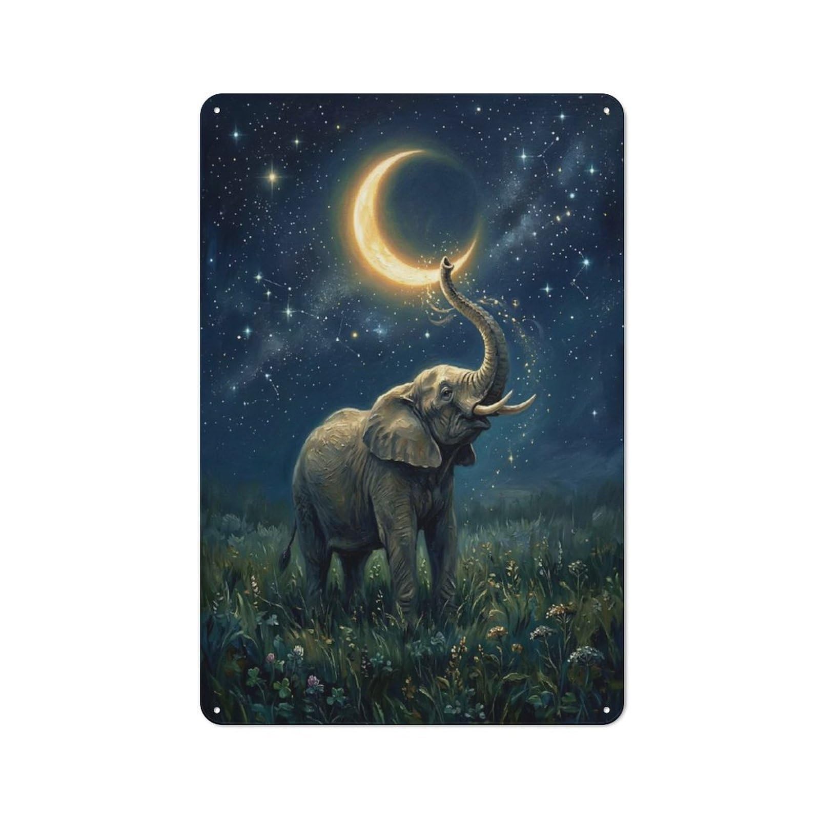 Junmoney Style-4 Tin Wall Plaque 30X20cm With Elephant Reaching For Crescent Moon For Home Office Or Studio, For Metal Sign Collectors, For Garage And Workshop Walls