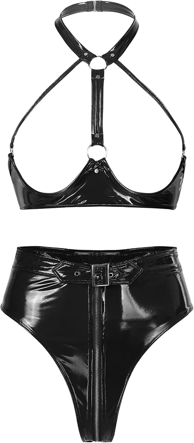 Jugaoge Womens Lingerie Shiny Metallic 2Pcs Outfit Leather Open Cup Wireless Bra Top with Briefs