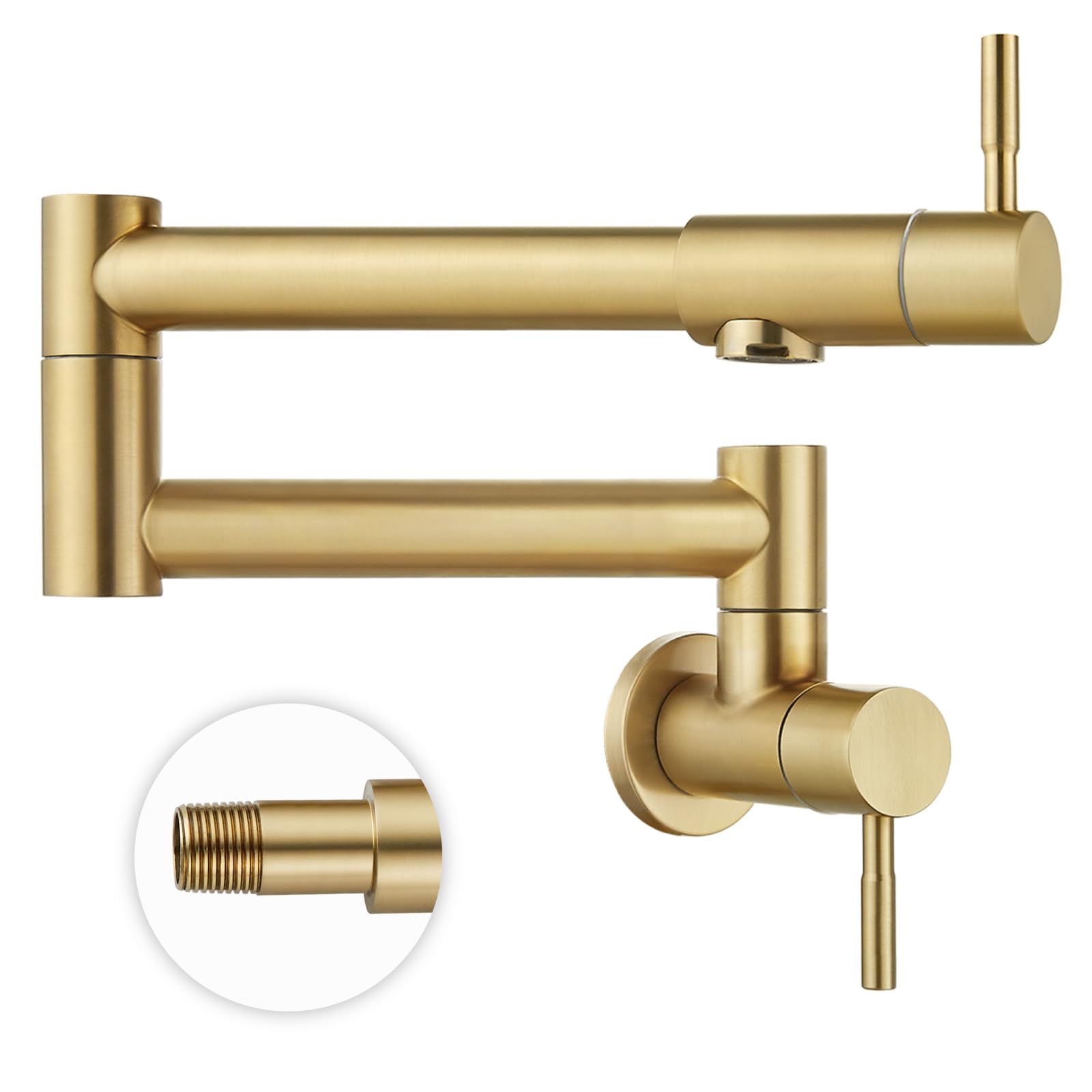 Heyalan Brushed Gold Pot Filler Faucet 19 Inch Folding Stretchable Wall Mount Kitchen Restaurant Faucet SUS304 Stainless Steel with Double Joint Swing Arm Single Hole Two Handles Commercial NPT