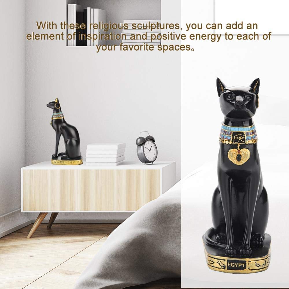 Estatua de gato egipcio Estatua de resina de oro negro, escultura de la diosa Bastet antigua decoración egipcia, gran ornamento animal mítico para la estantería de la oficina del hogar, 13,6 pulgadas