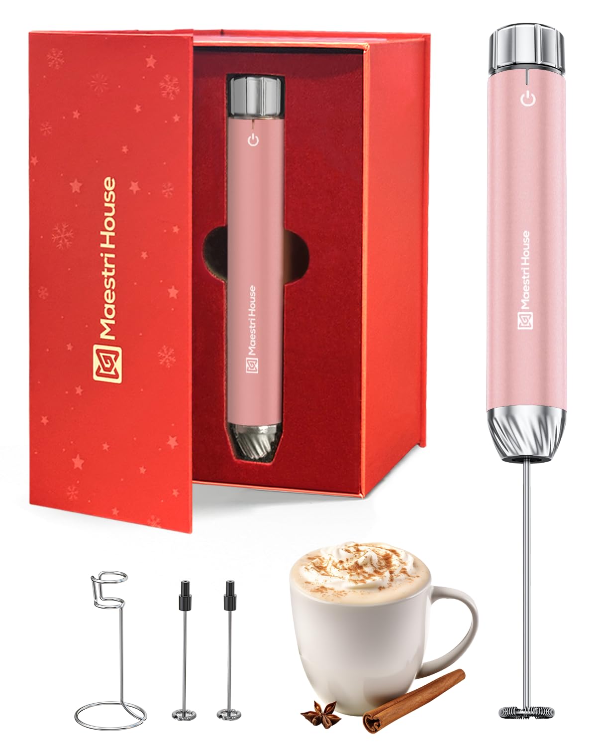 Maestri House Rechargeable Milk Frother with Stepless Speed Control, Handheld Electric Foam Maker Waterproof Detachable Stainless Steel Whisk Drink Mixer Foamer for Lattes, Cappuccino