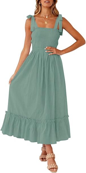 ZESICA Women's 2024 Summer Boho Spaghetti Strap Square Neck Solid Color Ruffle A Line Beach Long Maxi Dress