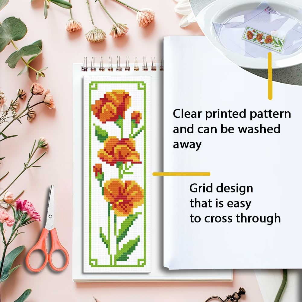 ORIGACH 12 Set Flower Cross Stitch Bookmark Kit for Beginner with Backing Felt Floss Instructions Pansy Tulip Lily Sunflower Magnolia Rose DIY Stamped Embroidery Bookmark Kit for Adults, Book Lovers