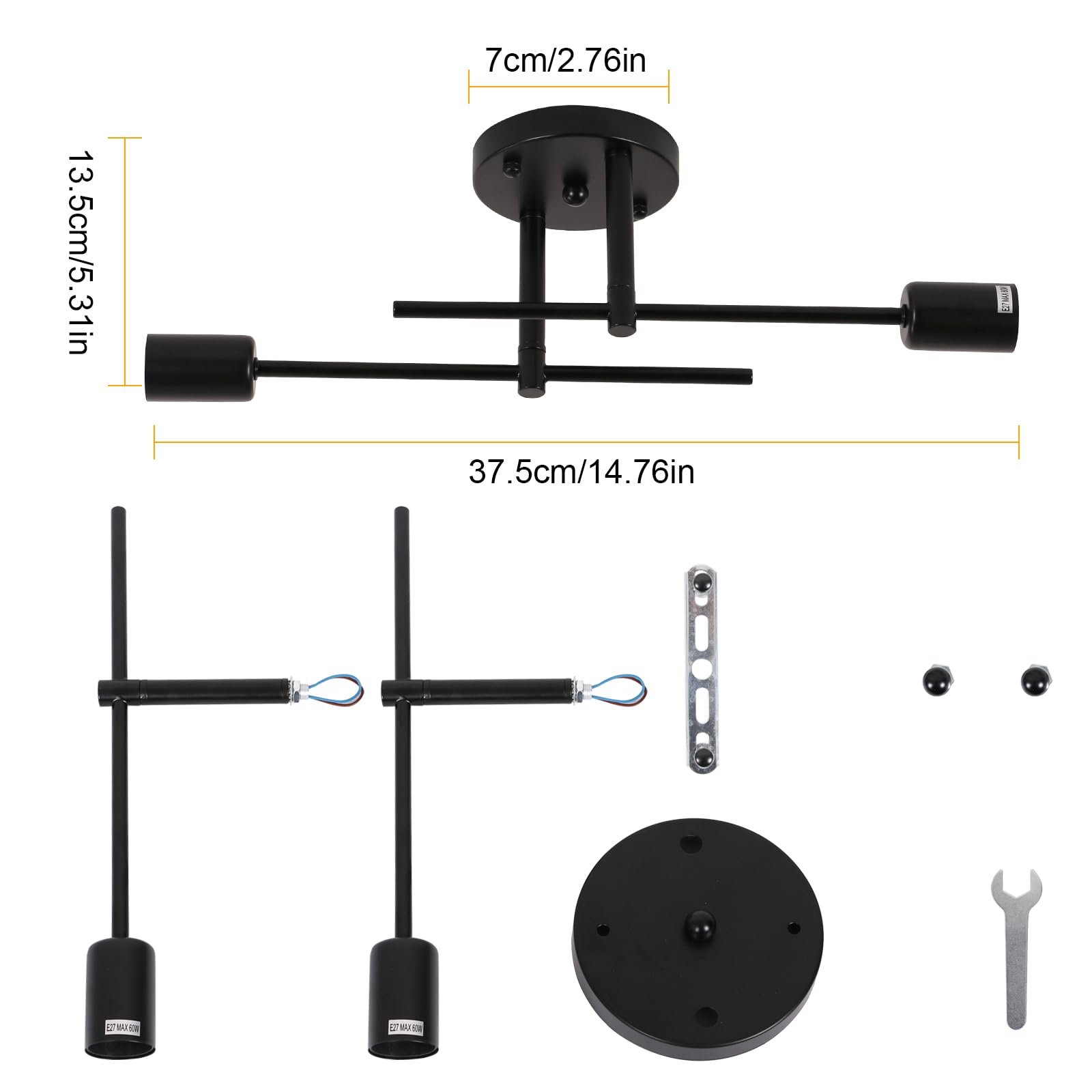 Riserva Lámparas Colgante Vintage E27, Negro Lampara De Techo Retro Industrial, 2 Luces Lámpara de Araña Retro para Comedor, Cocina, Salón, Bar, Restaurante, No Incluido Bombillas
