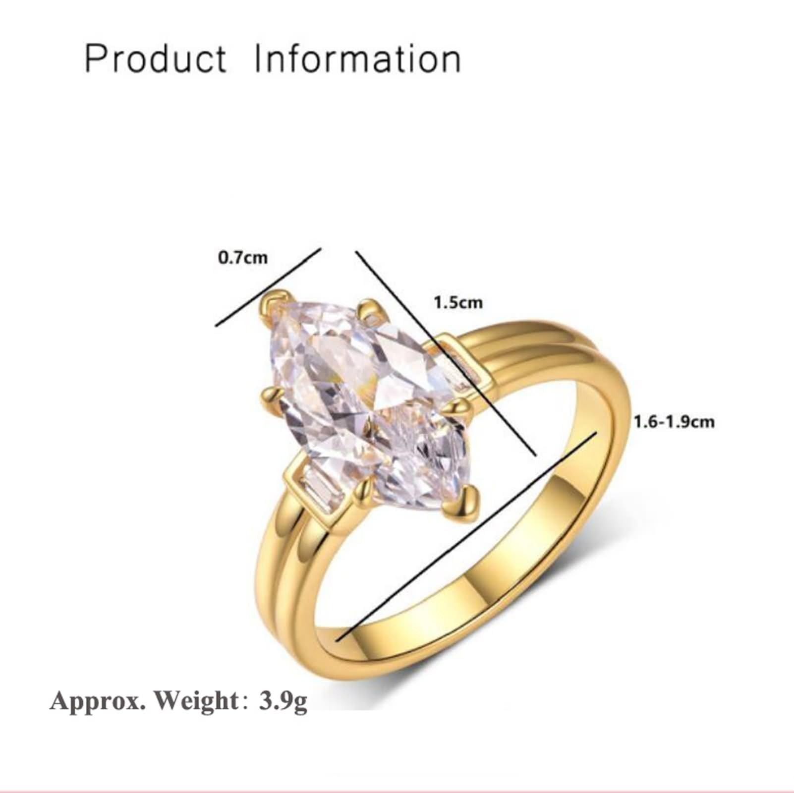 Anillos de compromiso, anillos de amistad, marquesa con moissanite de 3 quilates, oro amarillo de 14 quilates, talla 65 (20,7)