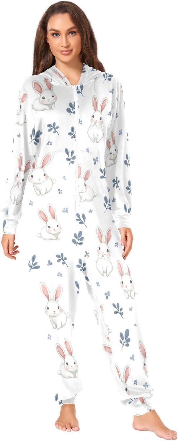 ZZKKO White Rabbit Leaves Adult Onesie Pajamas for Women Men Cozy One Piece Pajamas Costume Zip-Up Hooded S-XL