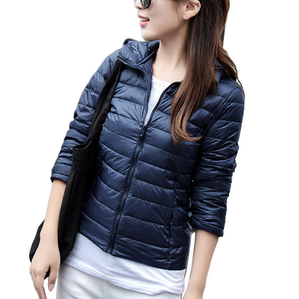 Youcai Women's Navy Quilted Padded Puffer Hooded Jacket Packable Ultra Lightweight Down Jackets Warm Coat,,Xs