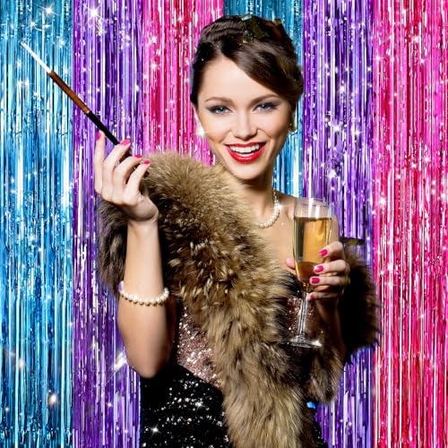 Image of 2Pack Blue Purple Pink Party Streamers, Blue Metallic Tinsel Streamers for Birthday Wedding Party Decors Graduation Baby Shower, Photo Booth Props for Bachelorette Decors Xmas Halloween Party Backdrop