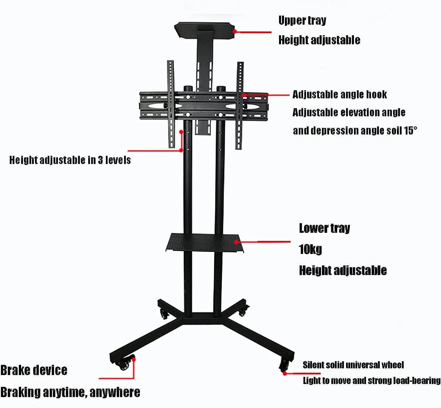 TABOJS Supporto TV Mobile TV Mobile per Monitor da 3265 Pollici Ruote silenziose ad Altezza Regolabile Supportano Fino a 60 kg Perfetto per Uso Domestico e in Ufficio