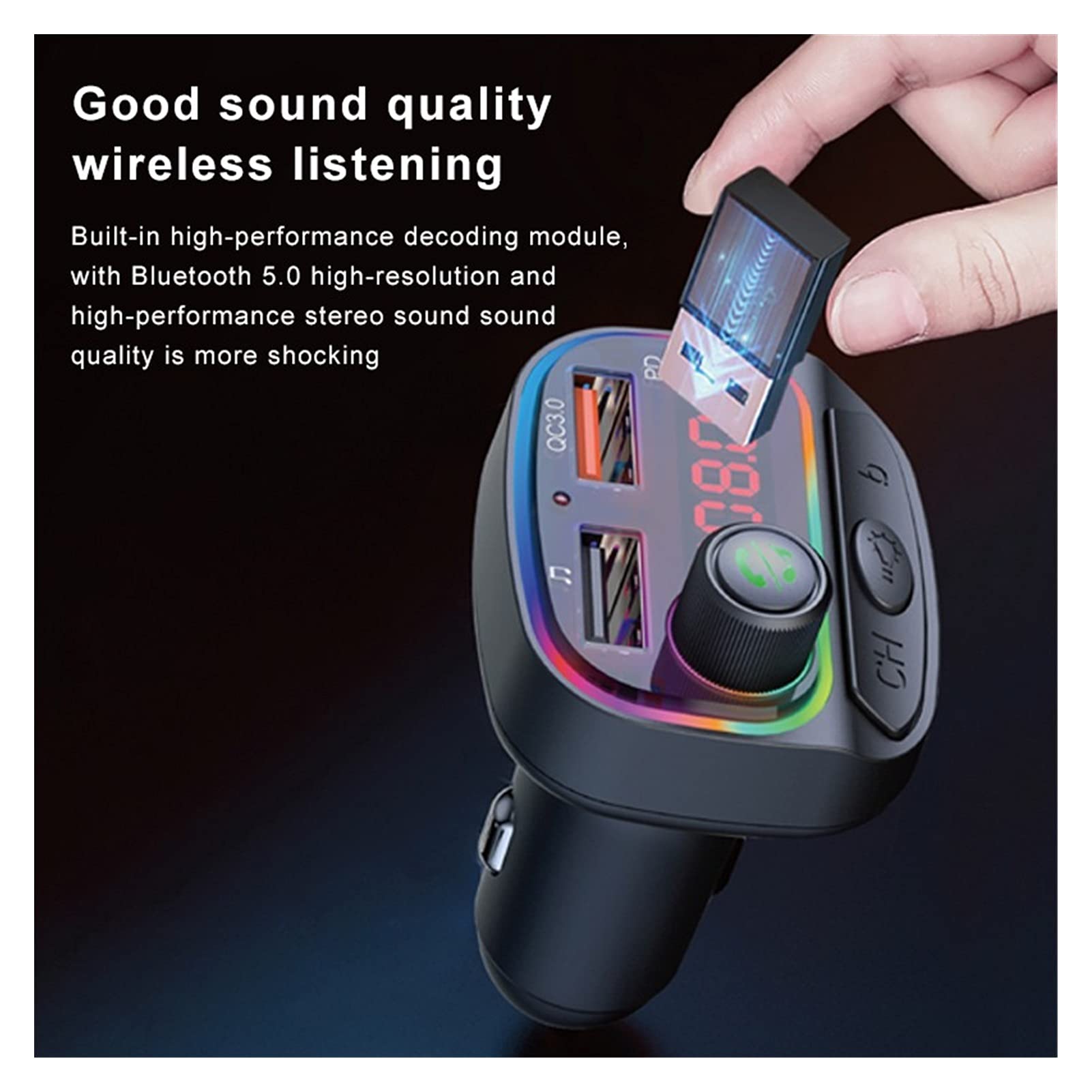 Adattatore Audio Bluetooth. Disco Disk Musica Viva Musica Bluetooth 5.0 FM. Trasmettitore Auto MP3. Player Dual. USB PD18W + QC3.0 Caricatore Veloce One Key Bass (Color Name : C14 QC3.0)