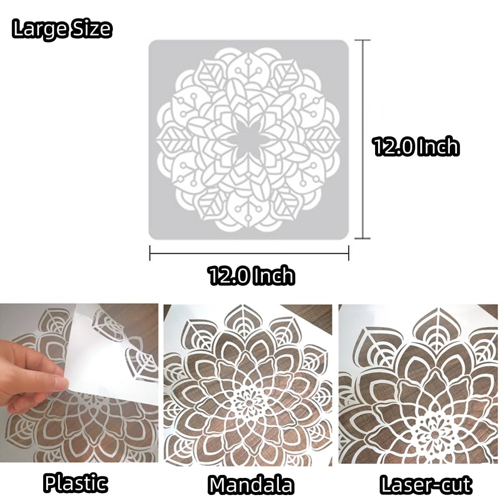 9 plantillas de mandala reutilizables de plástico para pintar, 12 x 12 pulgadas, kit de plantillas de dibujo de mandala grandes para pared, madera, suelo, lienzo, pintura, manualidades