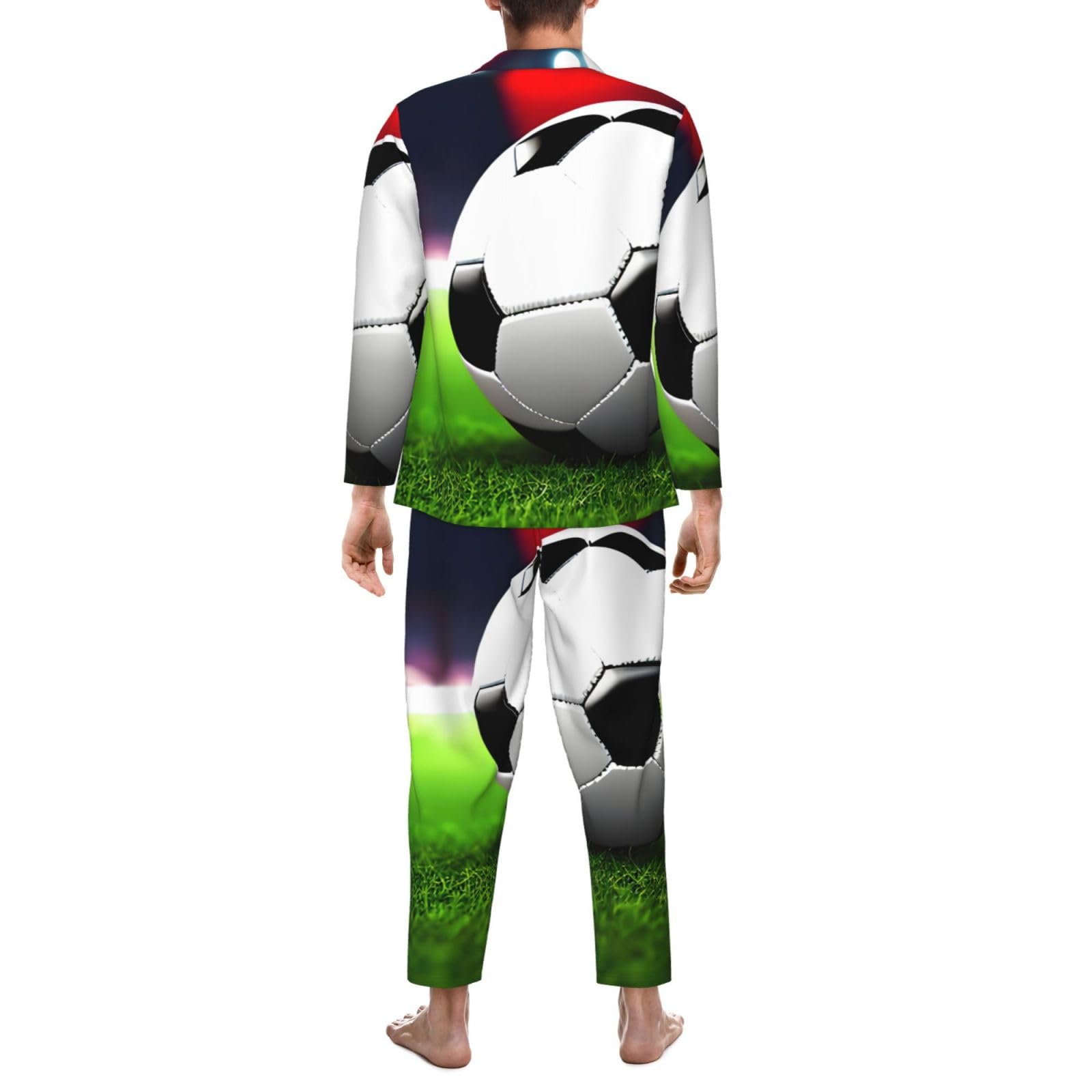 Conjunto de pijama de manga larga con estampado de balón deportivo de fútbol para hombre, ropa de dormir de dos piezas, ropa de dormir transpirable