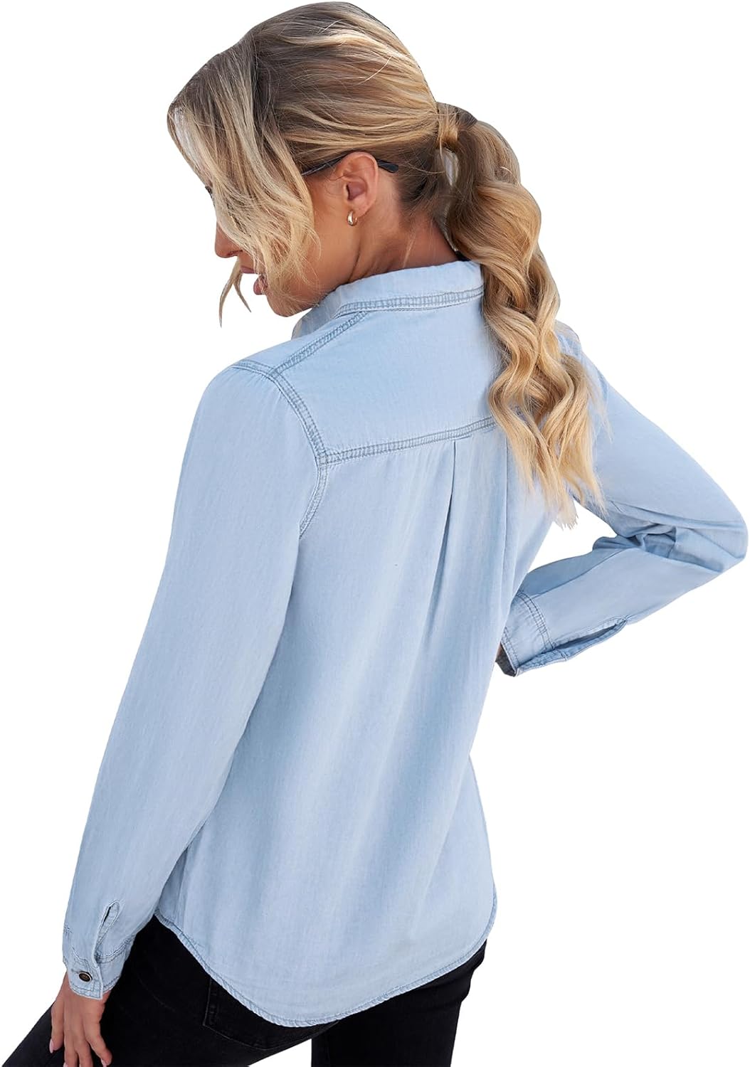 Vetinee Women's Button Down Denim Shirt Collared Casual Long Sleeve Pocket Tops - Image 2