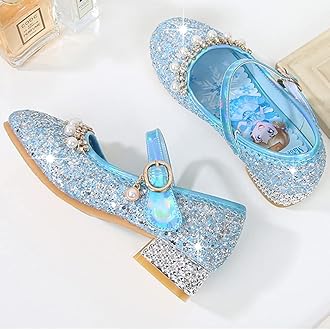 Girls Princess Shoes ELSA Mary Jane High Heels Dress up Christmas Carnival Birthday Theme Party Costume Kids Crystal Sequin Wedding Bridesmaids Shoes Cosplay Fancy Halloween Blue Pink Silver 03
