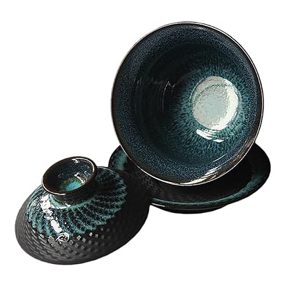 Gaolinci Kiln Glazed Ceramic Jianzhan Teacup Kung Fu Tea Cup and Saucer with Lid. 5 Oz Sancai Gaiwan