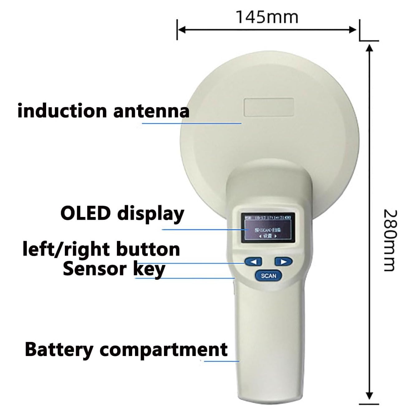 Lettore di etichette for microchip for animali, scanner for microchip for animali con distanza di lettura di 0~30 cm, memorizza 20.000 informazioni e legge dati storici, tempo di risposta di 100 ms