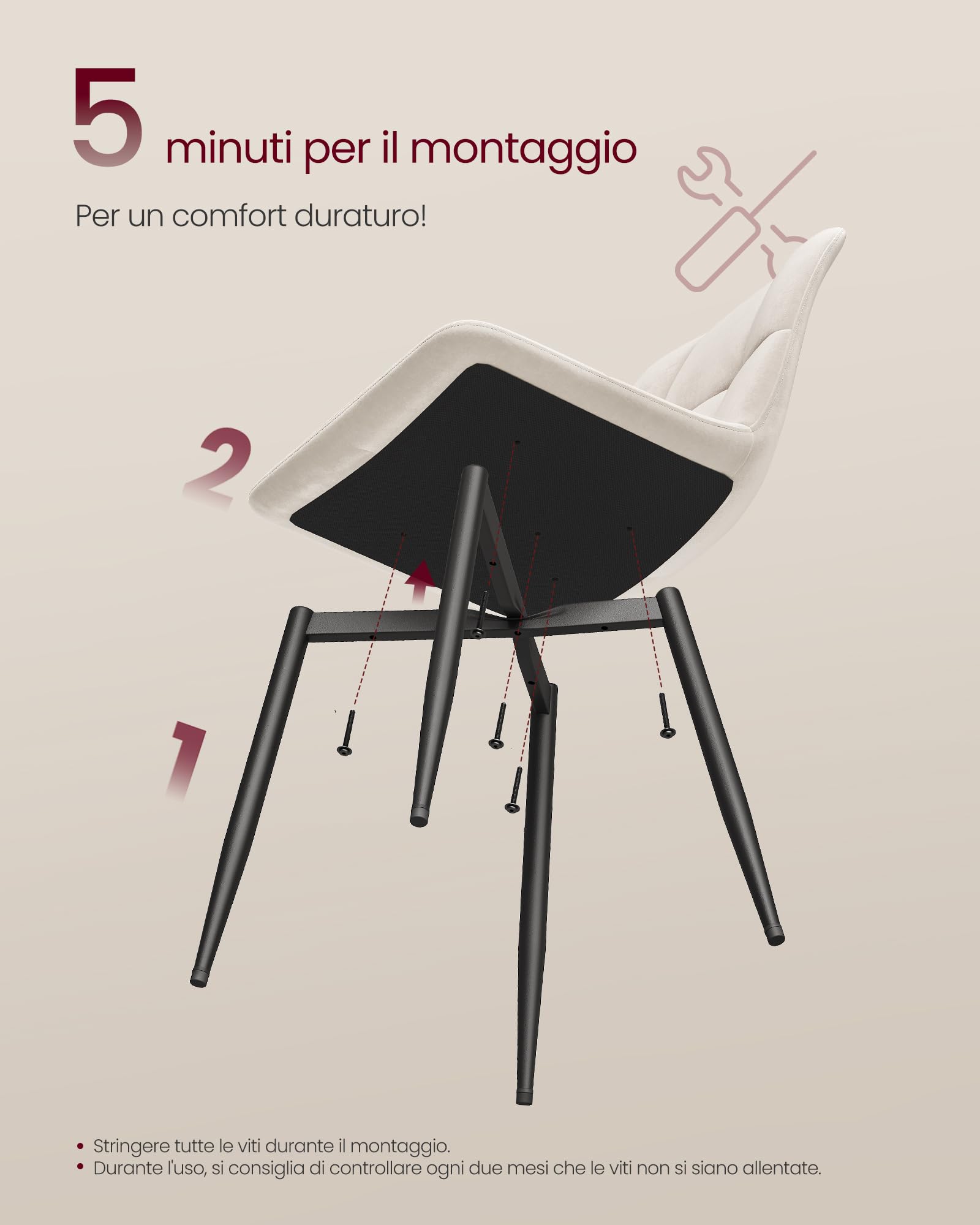 VASAGLE Sedie da Pranzo in Velluto, Portata 120 kg Ciascuna, Sedie da Cucina Imbottite con Piedini Regolabili, Moderno, per Soggiorno, Set di 4, Beige Cappuccino KDC080LH01