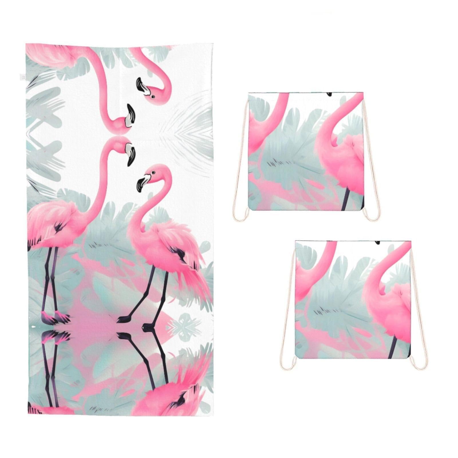 CNTDBU Pink Flamingo 2 in 1 Packable Towel Bag-Large Beach Towel with Stuff Sack, Super Absorbent Microfiber Travel Towel for Pool