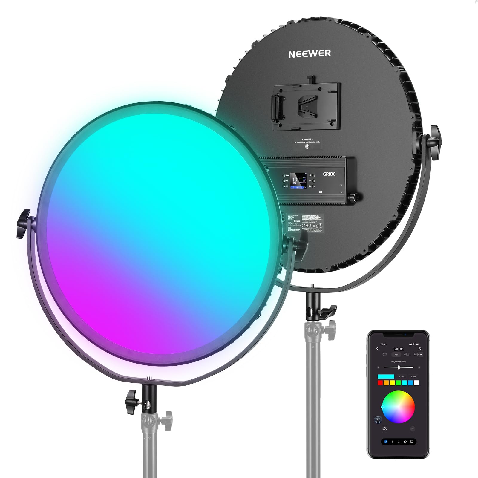 NEEWER 18" Pannello Luce Video LED RGB Rotondo con Controllo APP, 65W 6000Lux/0.5m 2500K-8500K RGBCW Illuminazione da Studio Fotografico /18 Scene/Alimentata a Batteria V per Riprese Streaming, GR18C