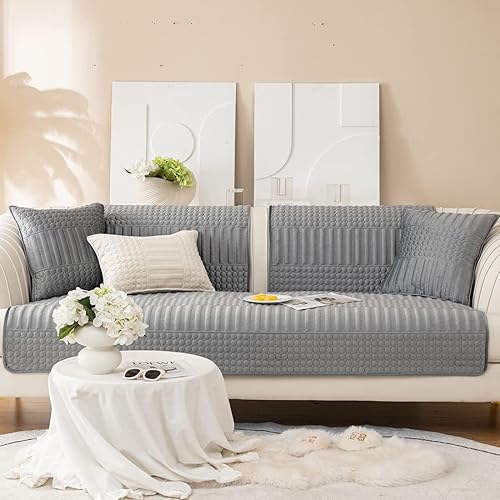 Miniatura 2 de vctops Funda de sofá de felpa de terciopelo de lujo antideslizante con patrón geométrico acolchado para sofá modular, color liso, suave y cálida,