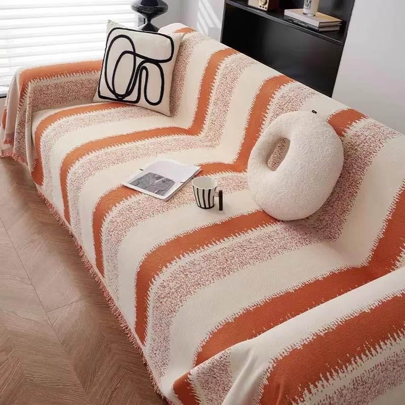 Housse de canapé en Chenille rayée 180x130 cm plaid d'angle beige avec pompons