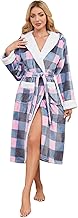 Yuson Girl Women's Flannel Dressing Gown Long Plush Fleece Robe with Hood Warm Winter Bathrobe for Women Soft Fluffy Loungewear Tartan Check Pattern Spa Sleepwear