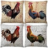 7COLORROOM Set of 4 Vintage Rooster Farmhouse Style Pillow Covers Rustic Cock Cushion Covers with Geometric Pattern Country Home Decorative Cotton Linen Pillowcases 18” x 18” (Rustic Cock)