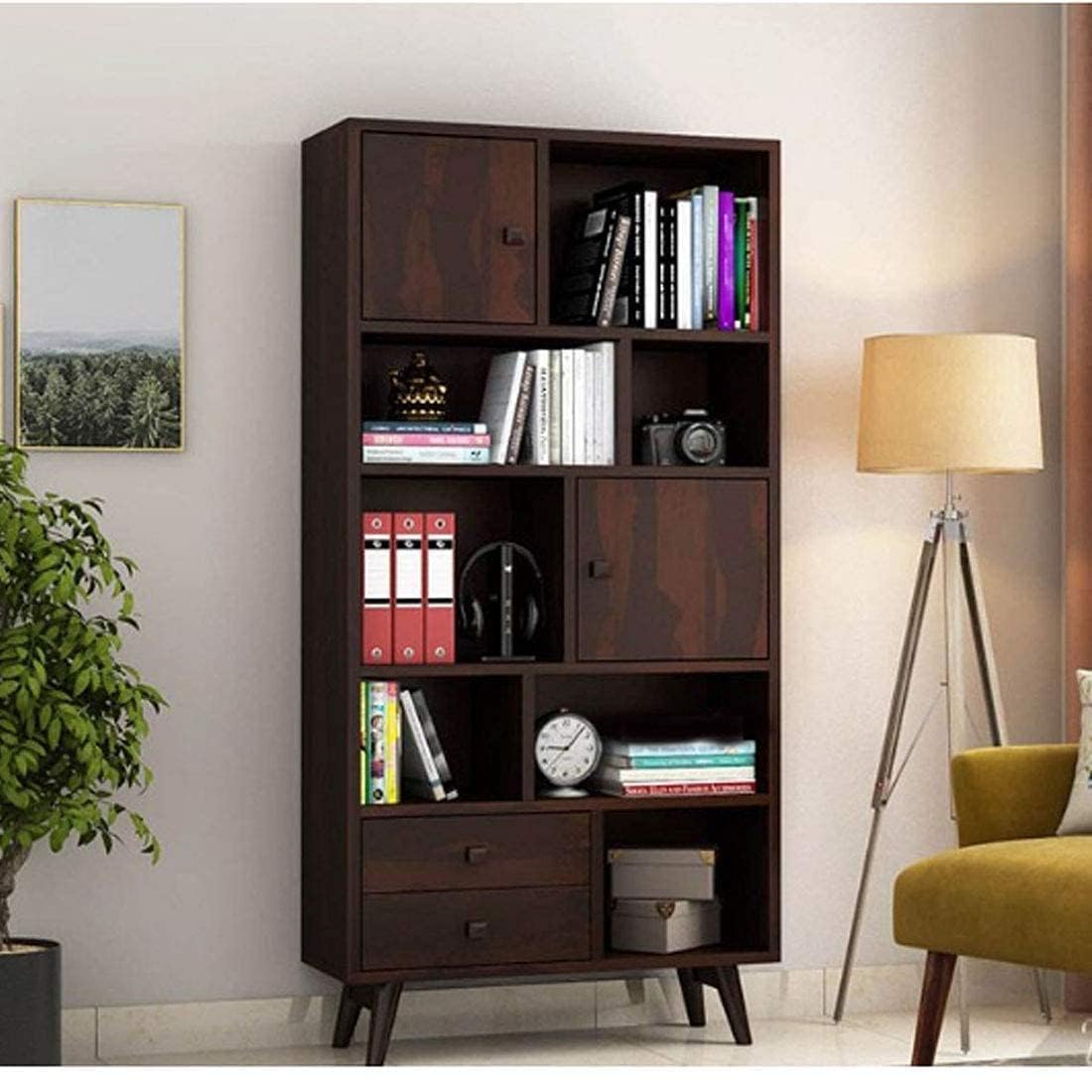 Sheesham Wood Bookcases with 7 Shelves 2 Drawer & 2 Door - Wooden Kitchen Crockery Cabinet for Dining Room Kitchen with Book Shelf Wooden Rack for Living Room (Walnut)-picture-30