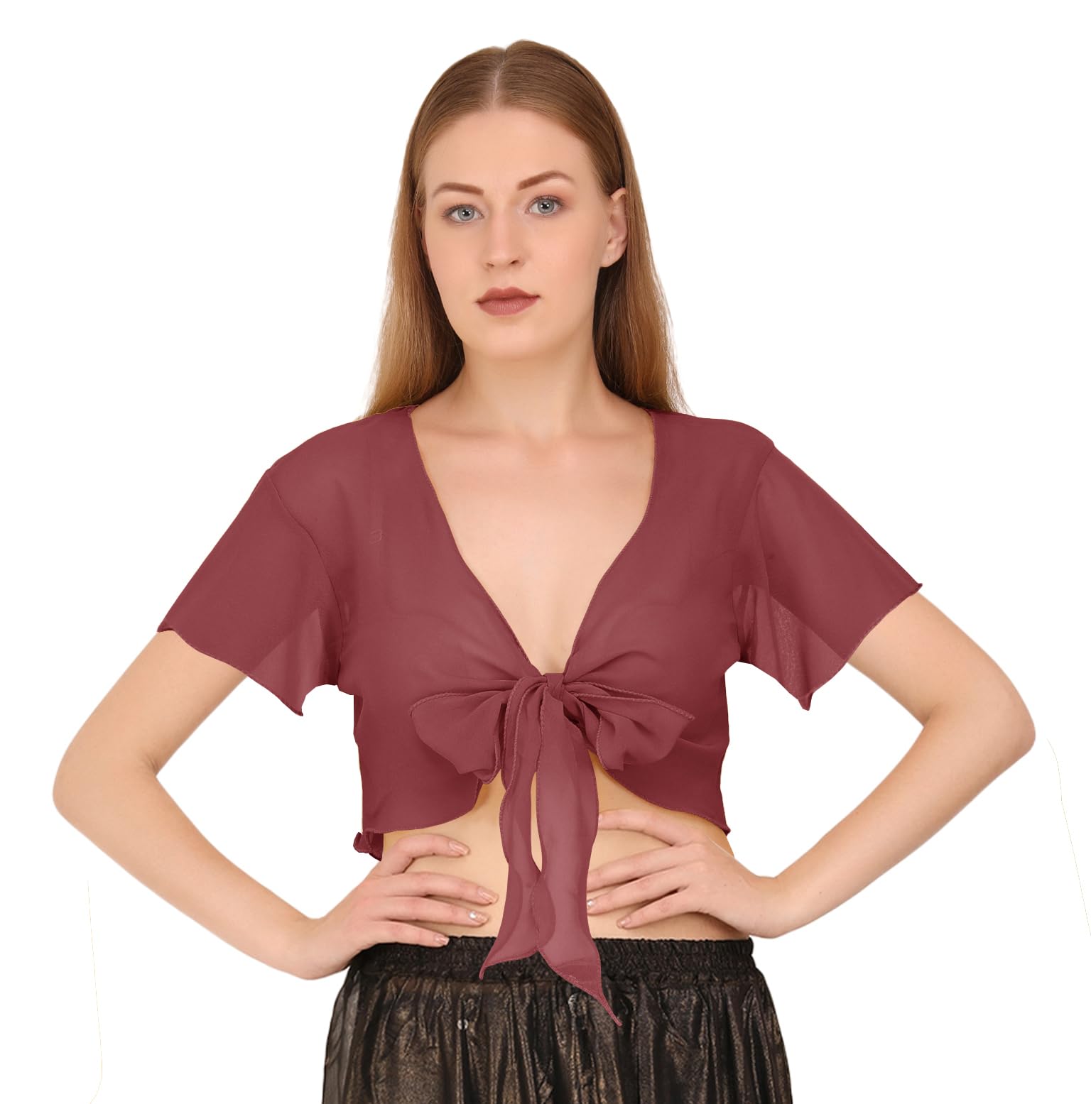 Indian Trendy Women's Chiffon Short Sleeve Tie Top Choli Blouse Belly Dance Gypsy Tie Front Cardigan Tops